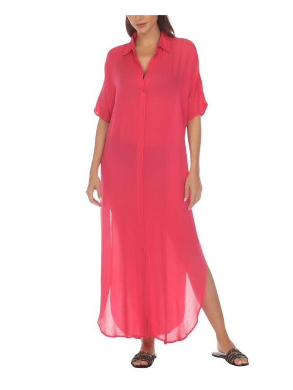 Raviya Women's Button-Down Maxi Dress Cover-Up Raspberry, S